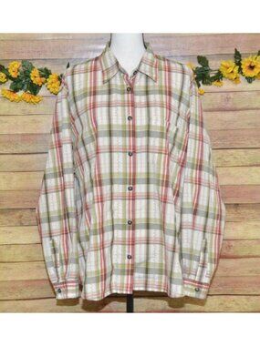 Alfred Dunner Womens 20W Tan Red Green Plaid Floral Embroidered Button Up Shirt